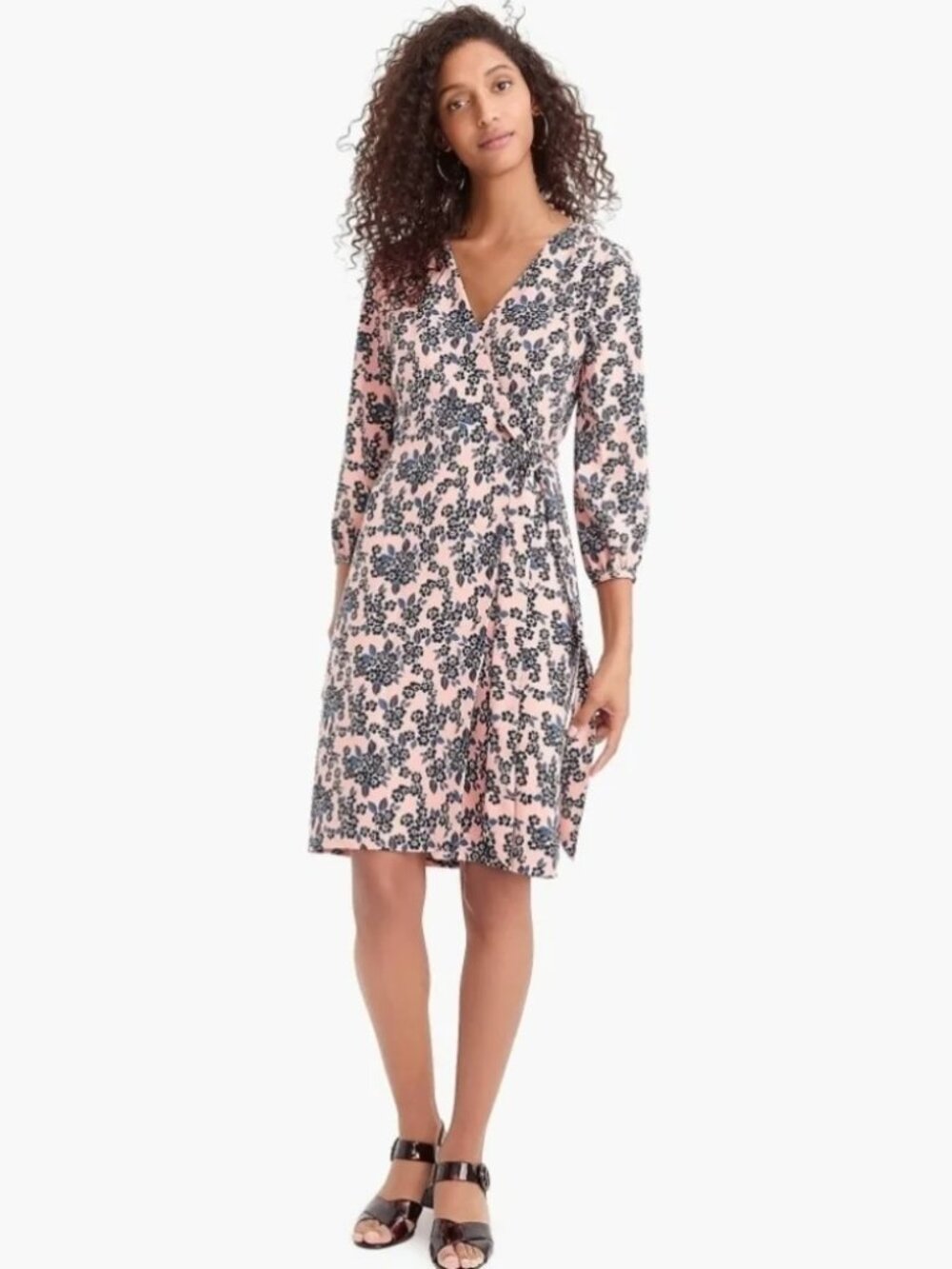 J. CREW Floral Crepe Wrap Dress Size 0 Rose Pink and Blue Long Sleeves